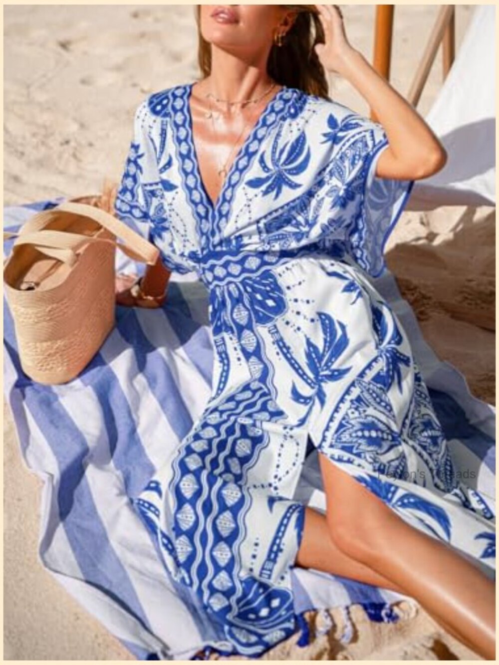Tropical Floral Maxi Dress with Pockets V Neck Short Sleeve Smocked Slit Dress - Picture 7 of 7